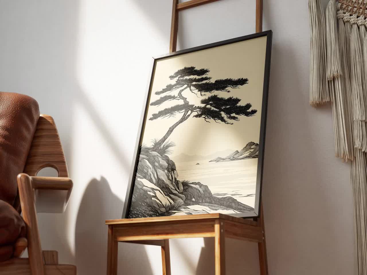 Japanese Pine Tree Poster Coastal Landscape Art Print Black and